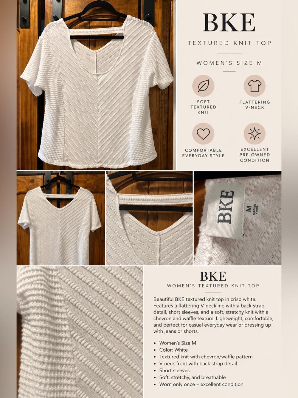 BKE White Textured V‑Neck Short Sleeve Knit Top